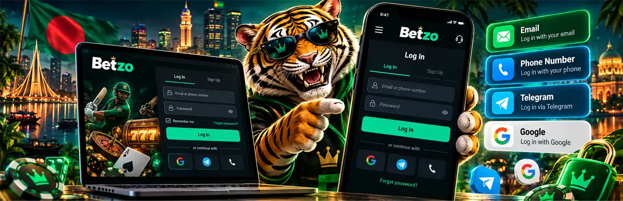 Betzo account sign-in on a phone and a laptop